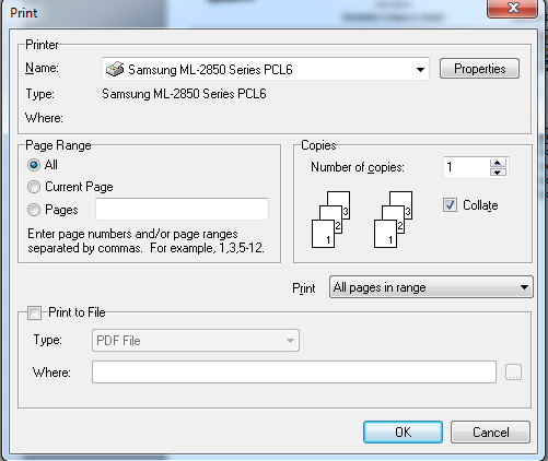 The print dialog with default options.