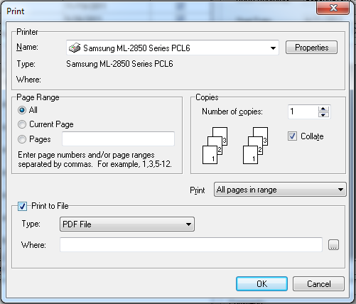 The print dialog with 'Print To File' checked.