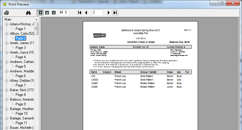 Screen showing the print preview for the exhibitor check-in sheets.