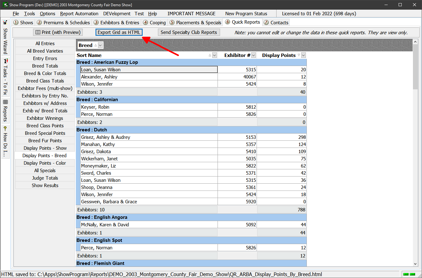 Screen showing Display Points - Breed quick report.