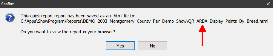 The Save as Web Page dialog with identifying report name entered.